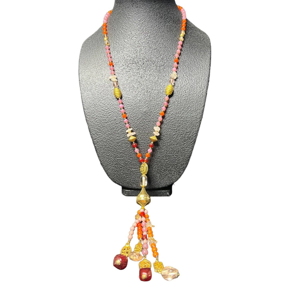 Vintage Diane Von Furstenberg Pink, Orange And Red Glass Beaded Tassel Necklace